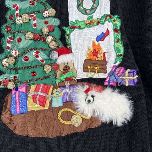 Vtg Ugly Christmas Sweater Womens Small 3D Tree Fireplace Dog Bear Gifts Holiday - Picture 6 of 13